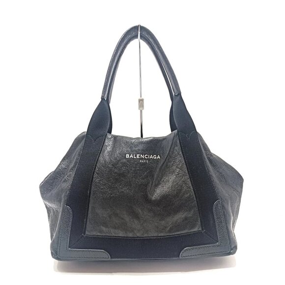 Auth BALENCIAGA Navy Cabas S  Black Leather Canvas Tote Bag - Picture 1 of 9
